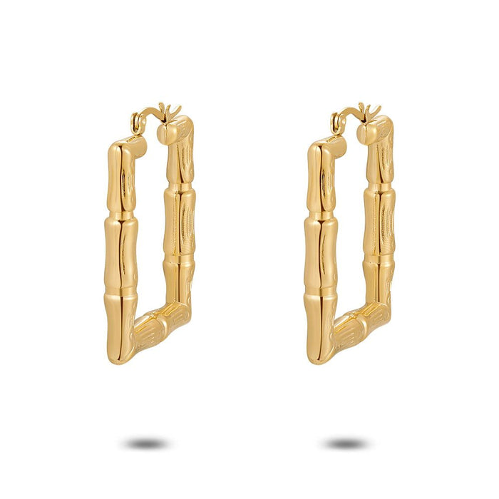 Gold Coloured Stainless Steel Earrings, Hoops, Rectangular With Drawing