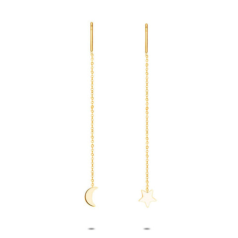 Gold Coloured Stainless Steel Earrings, Star And Moon