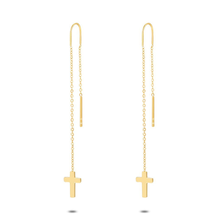 Gold Coloured Stainless Steel Earrings, Cross On Chain
