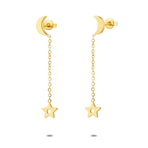 Gold Coloured Stainless Steel Earrings, Moon On Earring