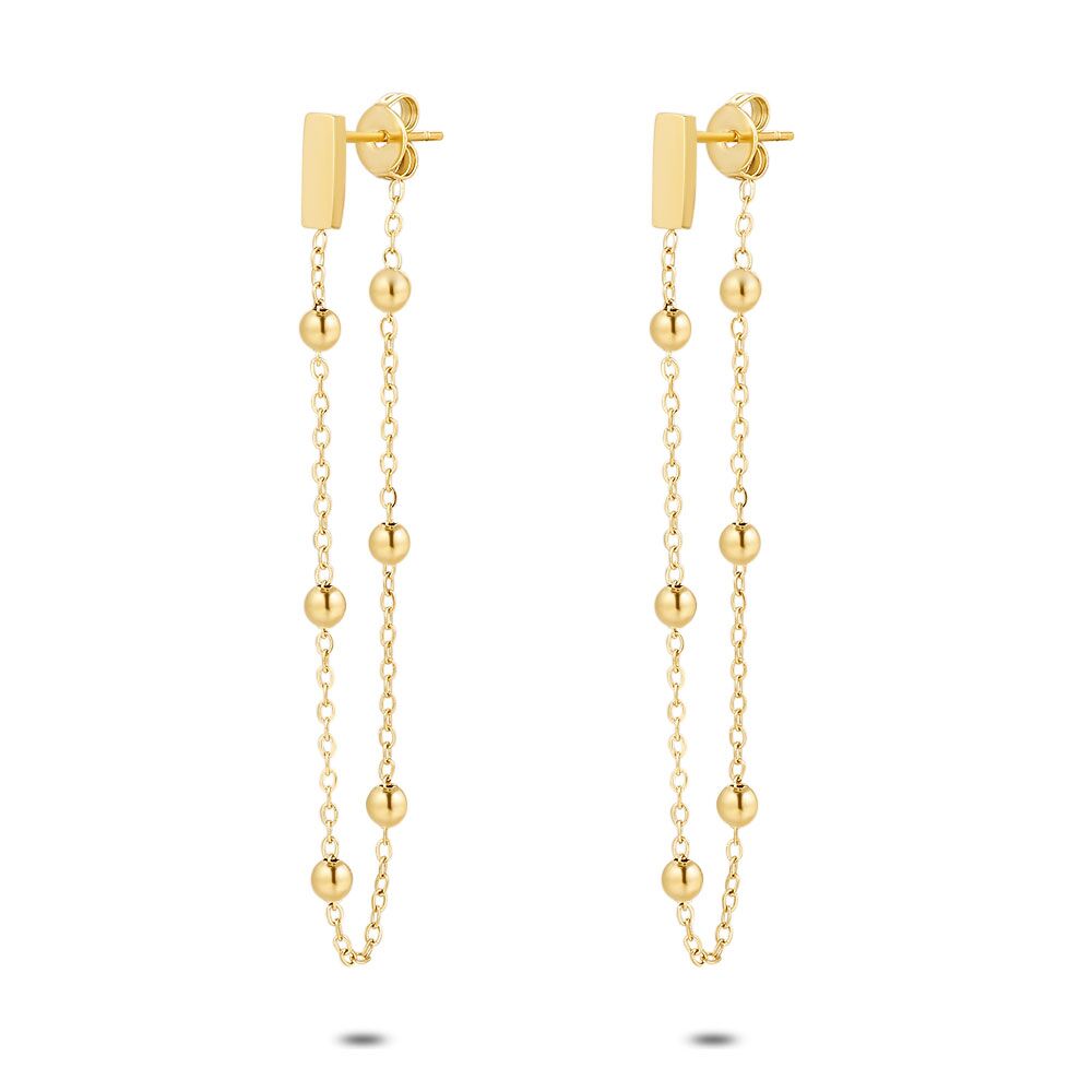 Gold Coloured Stainless Steel Earrings, Balls On Chain