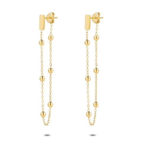 Gold Coloured Stainless Steel Earrings, Balls On Chain