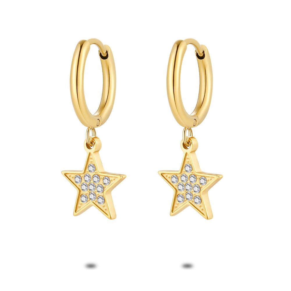 Gold Coloured Stainless Steel Earrings, Hoops With Star