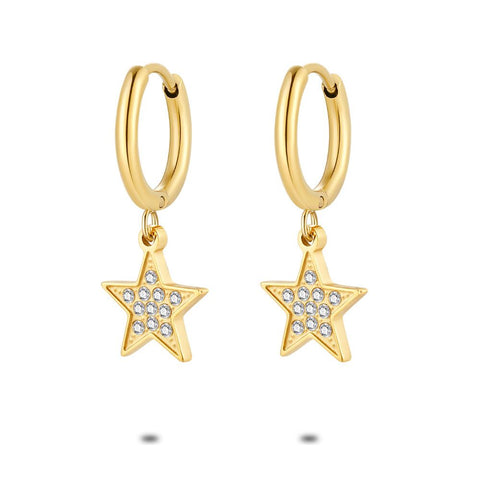 Gold Coloured Stainless Steel Earrings, Hoops With Star