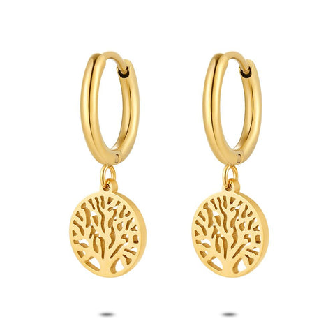 Gold Coloured Stainless Steel Earrings, Hoops, Tree Of Life