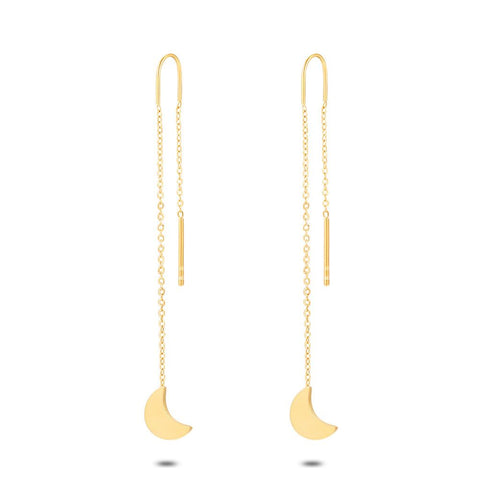 Gold Coloured Stainless Steel Earrings, Moon On Chain