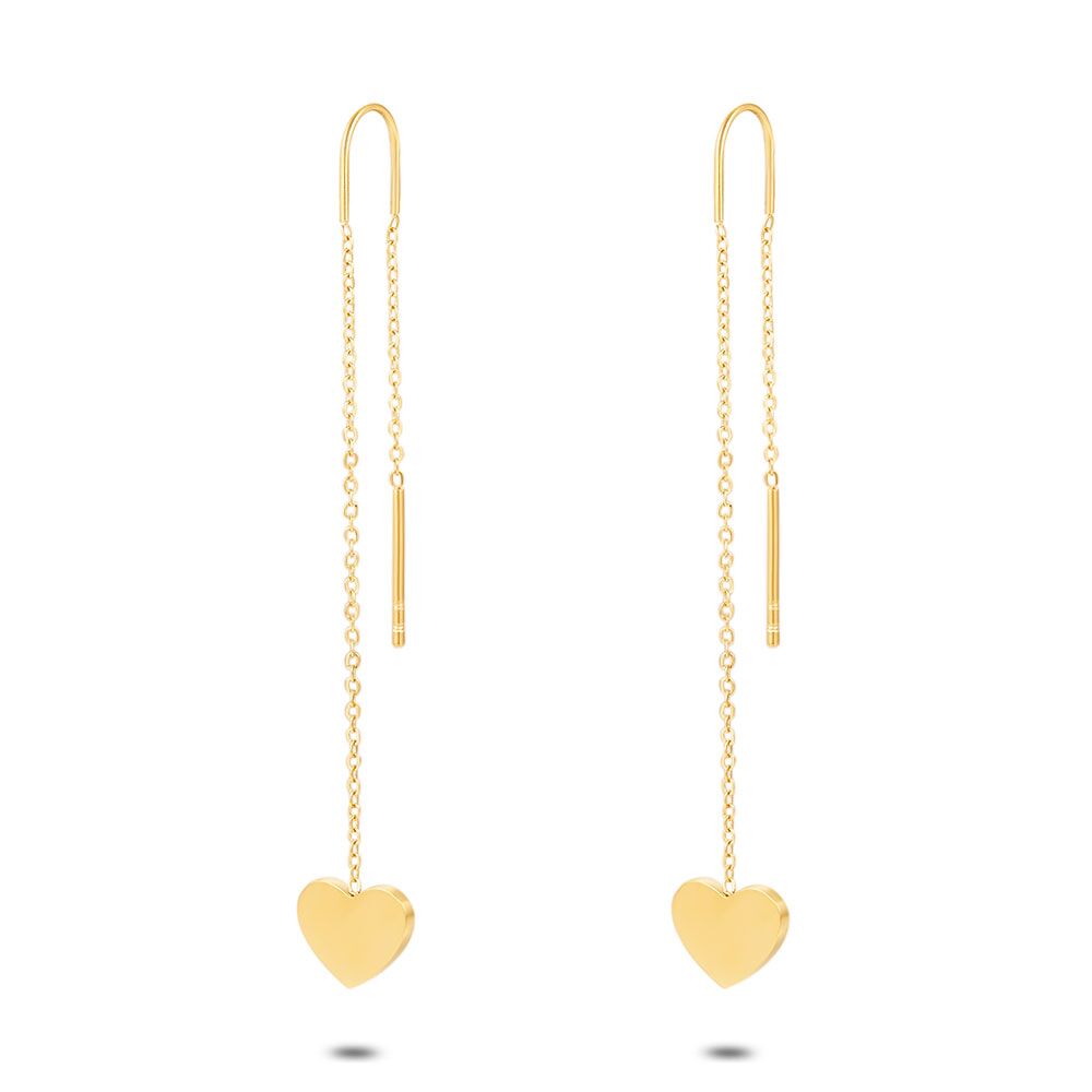 Gold Coloured Stainless Steel Earrings, Heart On Chain
