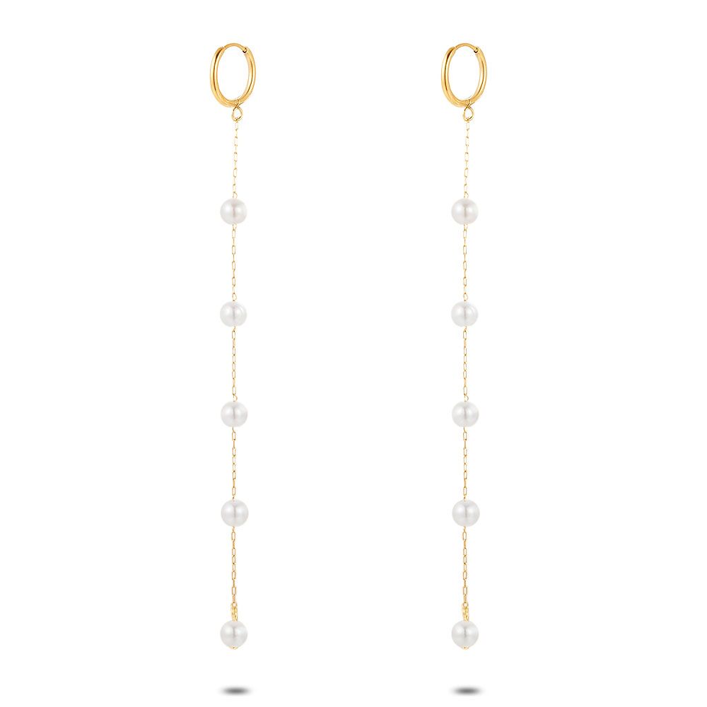 Gold Coloured Stainless Steel Earrings, Hoops, 5 Pearls On Chain