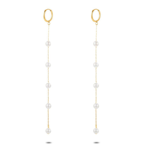 Gold Coloured Stainless Steel Earrings, Hoops, 5 Pearls On Chain
