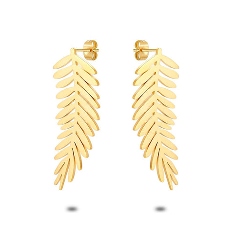 Gold Coloured Stainless Steel Earrings, 5 Cm Leaf