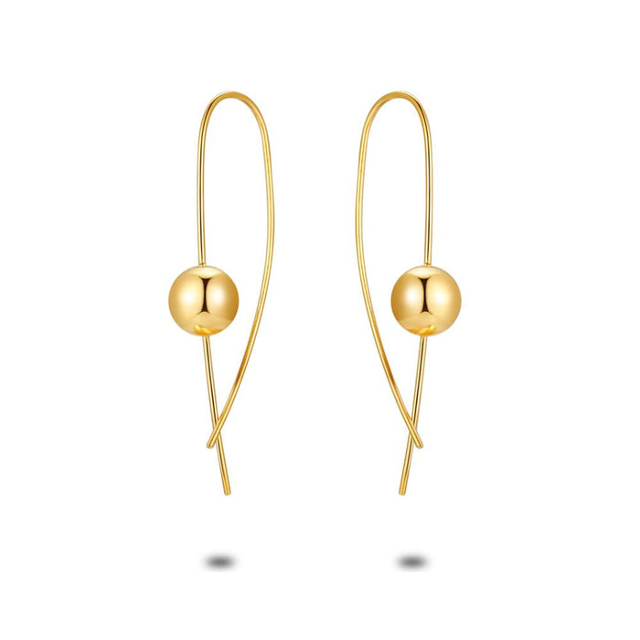 Gold Coloured Stainless Steel Earrings, Ball On Long Hook
