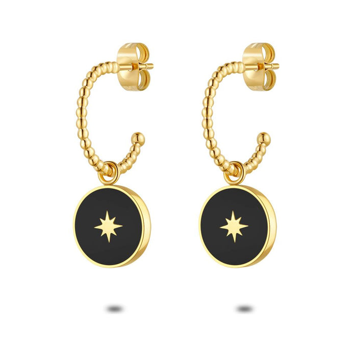 Gold Coloured Stainless Steel Earrings, Hoop Earrings, Black Round, Star