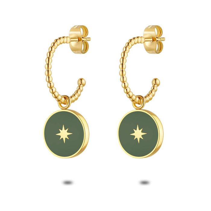 Gold Coloured Stainless Steel Earrings, Hoop, Green Enamel With Star