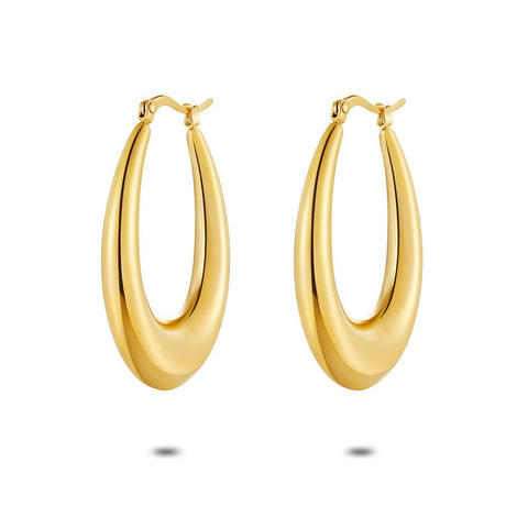 Gold Coloured Stainless Steel Earrings, Oval Hoop