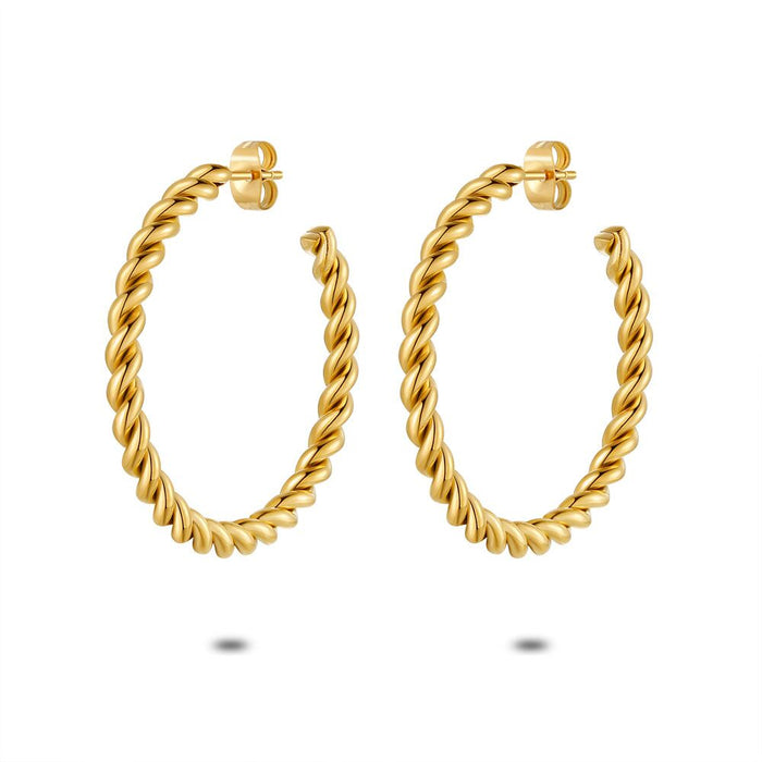 Gold Coloured Stainless Steel Earrings, Twisted Hoops, 35 Mm