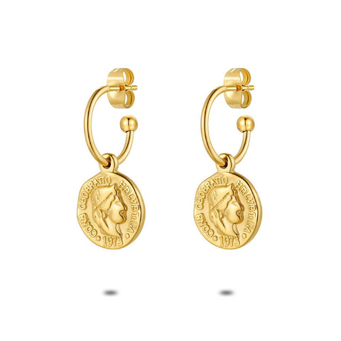 Gold Coloured Stainless Steel Earrings, Hoop, Coin