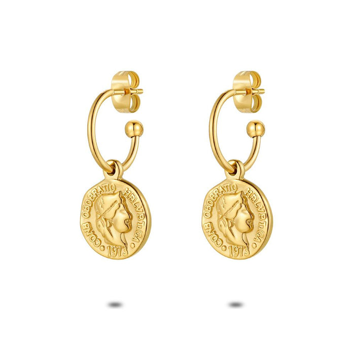 Gold Coloured Stainless Steel Earrings, Hoop, Coin
