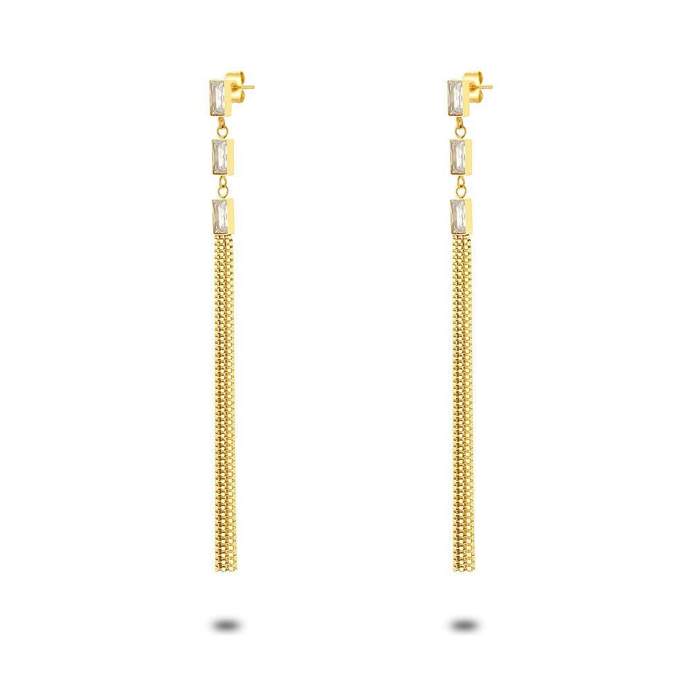 Gold Coloured Stainless Steel Earrings, 3 Rectangular Zirconia, 3 Venetians