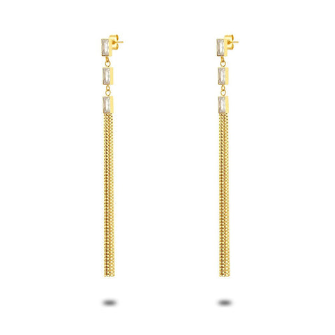 Gold Coloured Stainless Steel Earrings, 3 Rectangular Zirconia, 3 Venetians