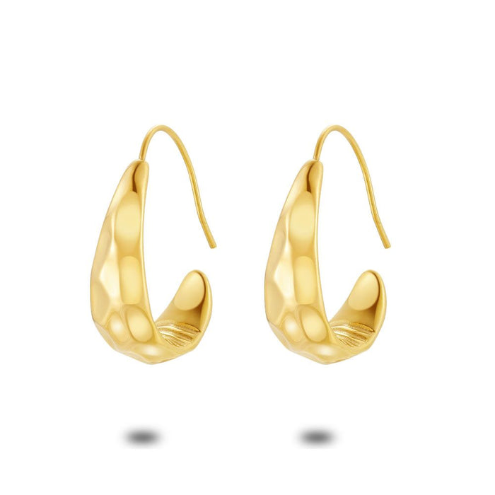 Earring Per Piece In Gold-Coloured Stainless Steel, Drop On Hook, Hammered