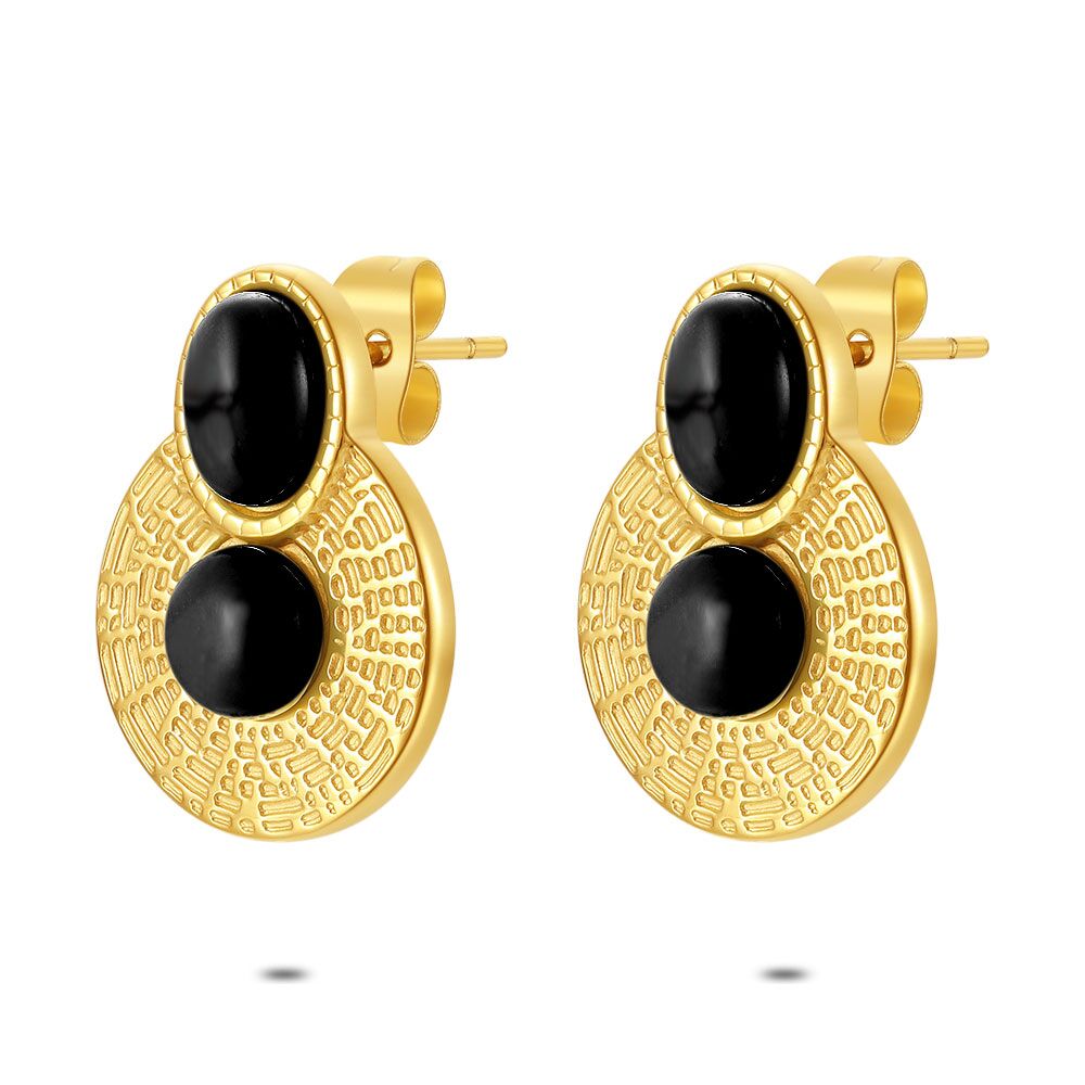 Gold Coloured Stainless Steel Earrings, Oval And Round, Black