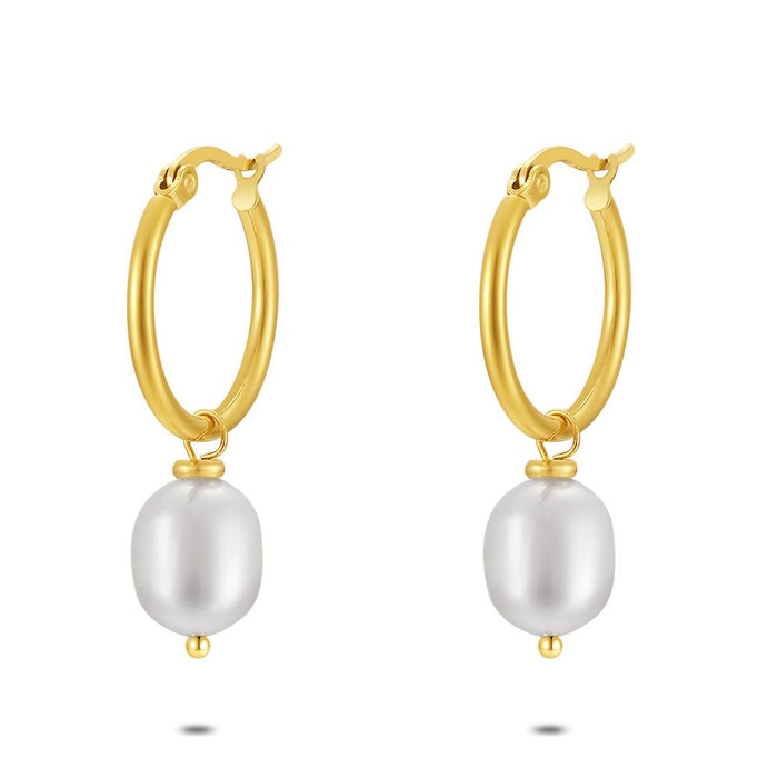 Earrings In Gold-Coloured Stainless Steel, Earring, 1 Freshwater Pearl