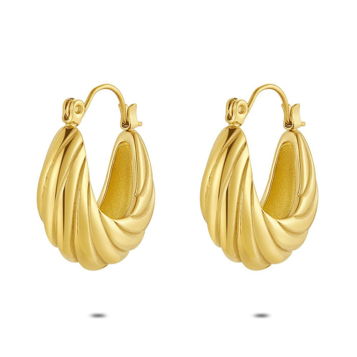 Gold Coloured Stainless Steel Earrings, Oval Earring, Striped