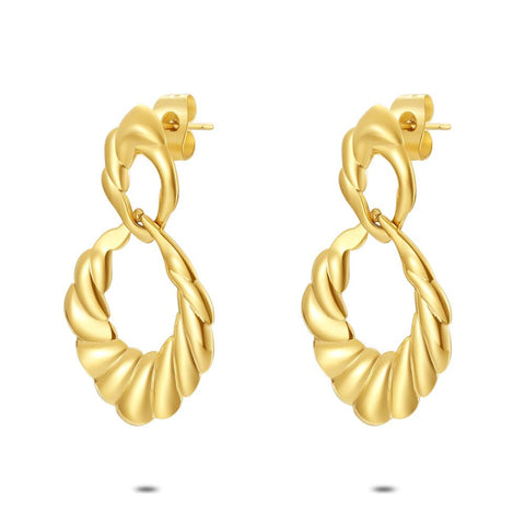 Gold Coloured Stainless Steel Earrings, 2 Open Drops, Twisted