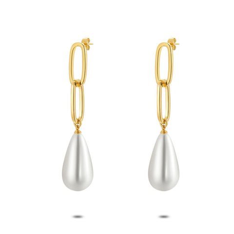Gold Coloured Stainless Steel Earrings, 2 Oval Links, Big Pearl Drop