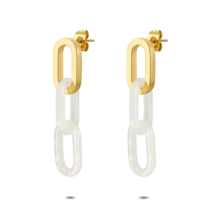 Earring Per Piece In Gold-Coloured Stainless Steel, Oval Links, White Resin