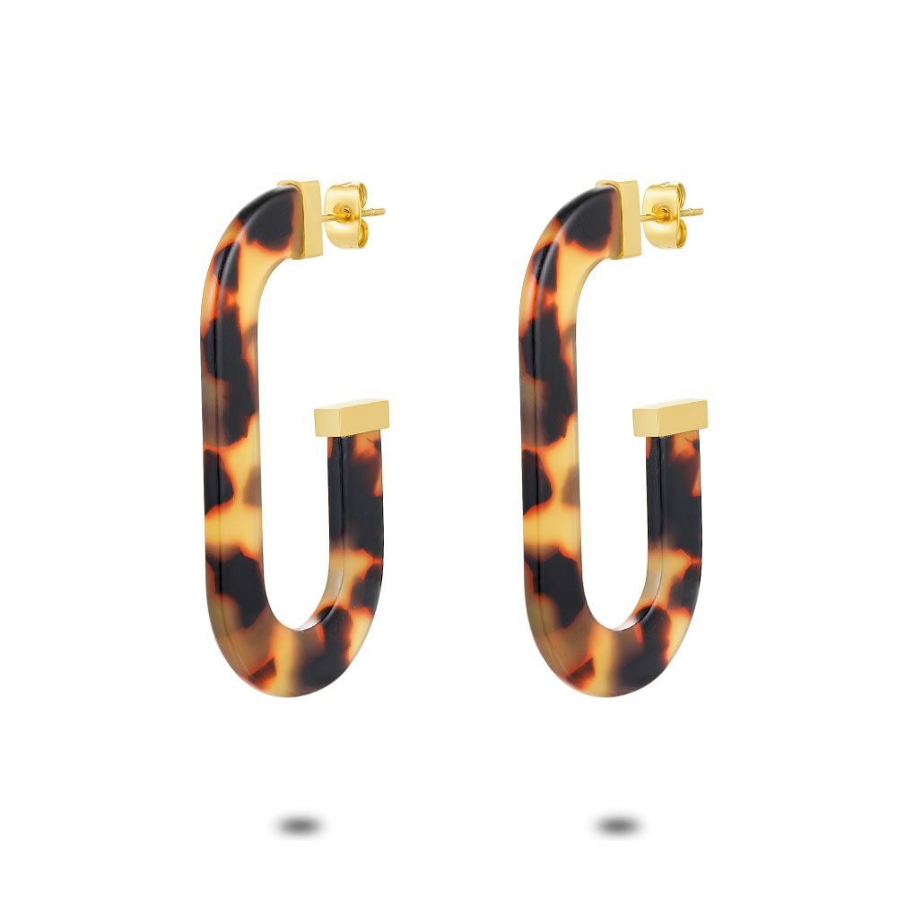 Gold Coloured Stainless Steel Earrings, Open Oval Earring, Brown Resin