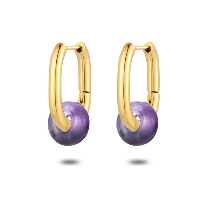 Gold Coloured Stainless Steel Earrings, Oval Hoops, Amethyst Stone