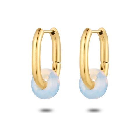 Gold Coloured Stainless Steel Earrings, Oval Hoops, Opal Stone