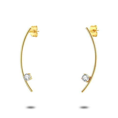 Gold Coloured Stainless Steel Earrings, Crystal On A Curve