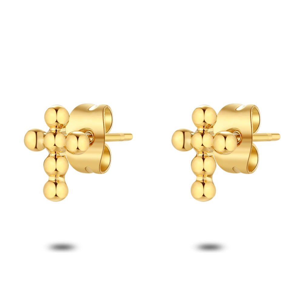Gold Coloured Stainless Steel Earrings, Cross, Dots
