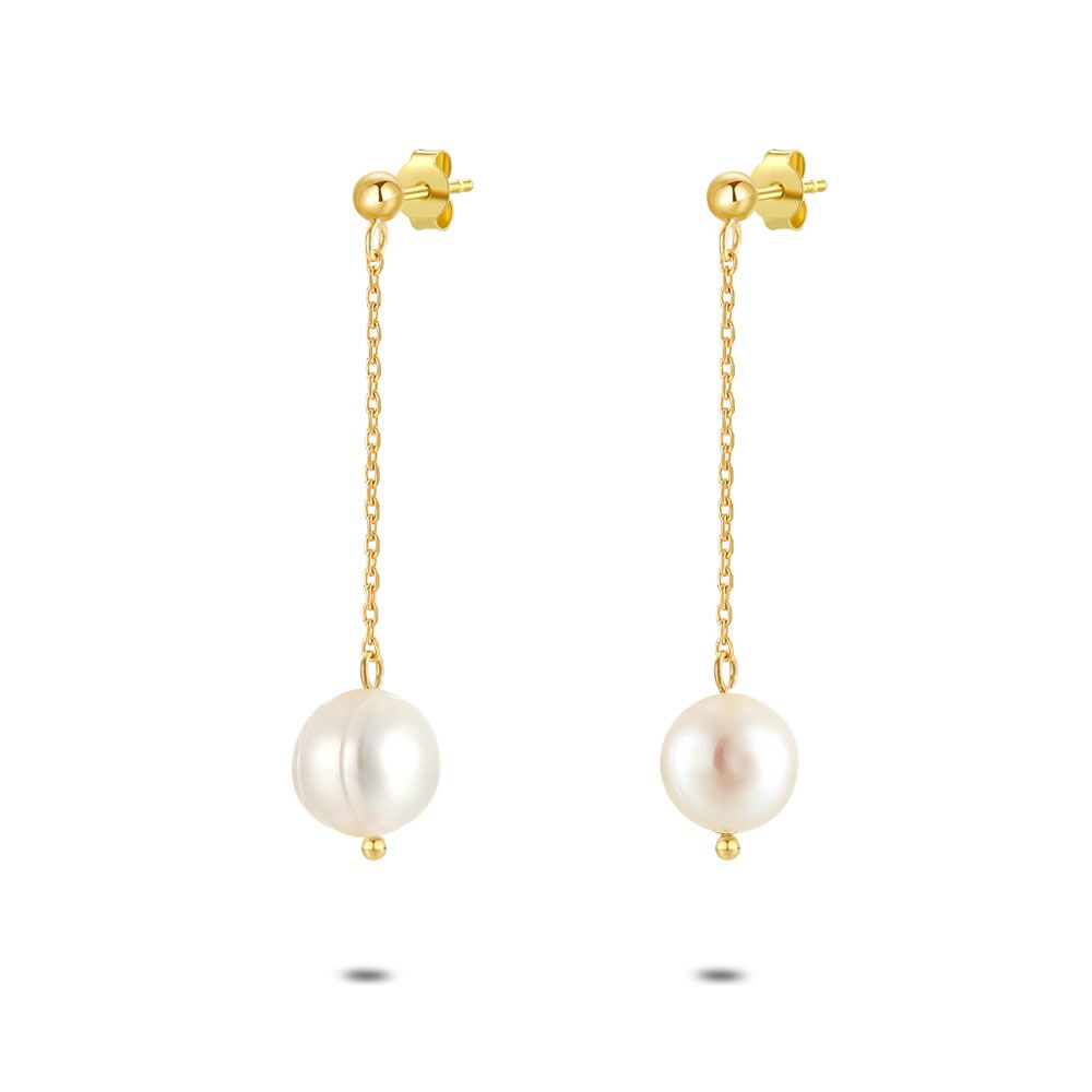 Gold Coloured Stainless Steel Earrings, Pearl On Chain