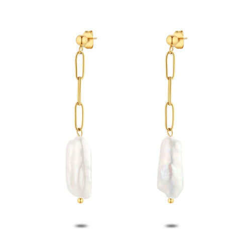 Gold Coloured Stainless Steel Earrings, Fresh Water Pearl, Oval Links