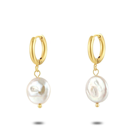 High Fashion Earrings, Gold Coloured, Hoops With Pearl