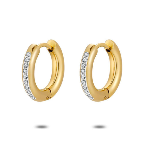 Gold Coloured Stainless Steel Earrings, Hoop Earrings, 15 Mm, White Crystals