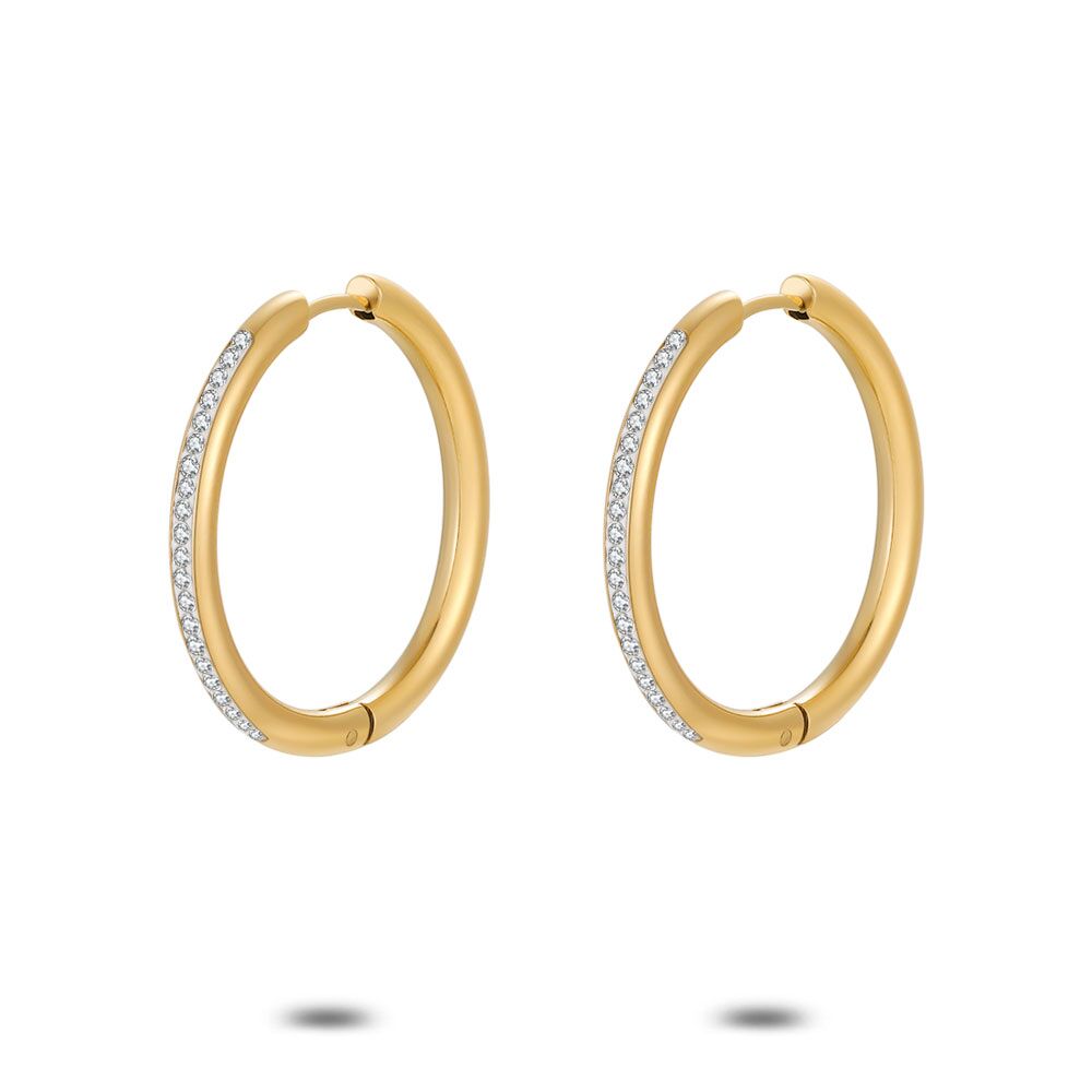 Gold Coloured Stainless Steel Earrings, Hoop Earrings, 30 Mm, White Crystals