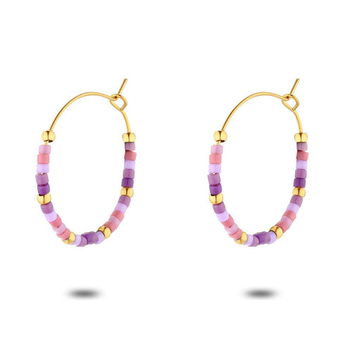 Gold Coloured Stainless Steel Earrings, Purple Miyuki Beads