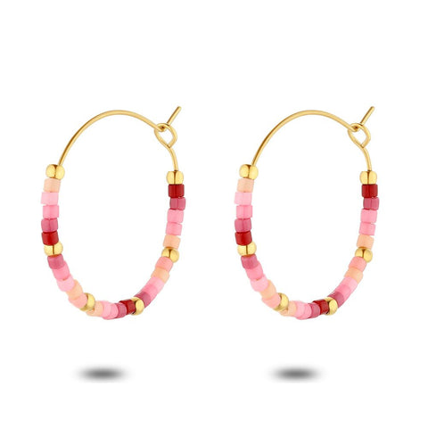 Gold Coloured Stainless Steel Earrings, Pink Miyuki Beads