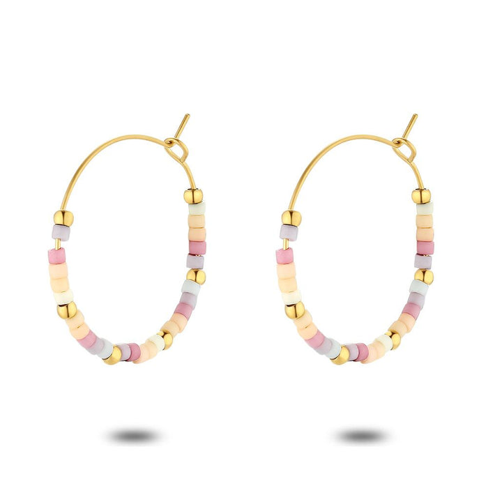 Gold Coloured Stainless Steel Earrings, Pink And Lilac Miyuki Beads