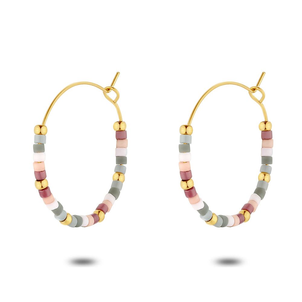 Gold Coloured Stainless Steel Earrings, Pink And Grey Miyuki Beads