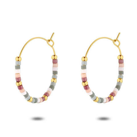 Gold Coloured Stainless Steel Earrings, Pink And Grey Miyuki Beads