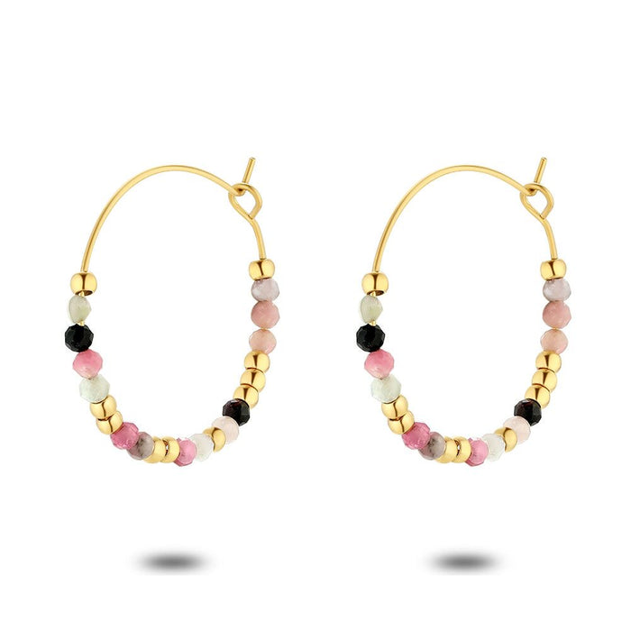 Gold Coloured Stainless Steel Earrings, Tourmaline Beads