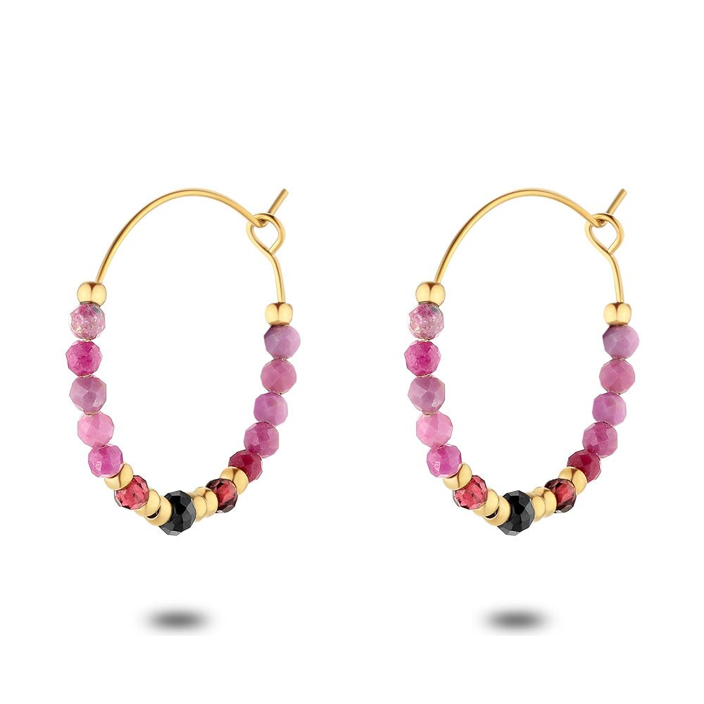Gold Coloured Stainless Steel Earrings, Purple Stones