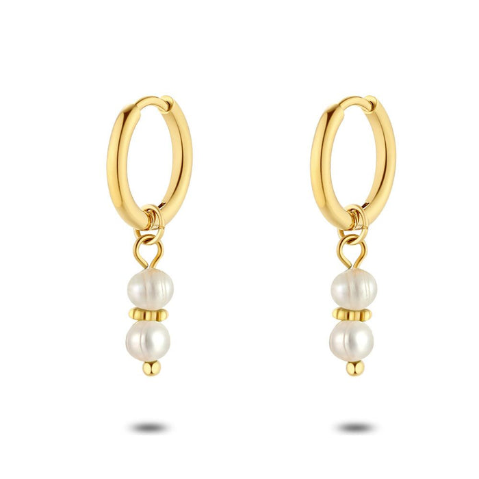 Gold Coloured Stainless Steel Earrings, 2 Pearls