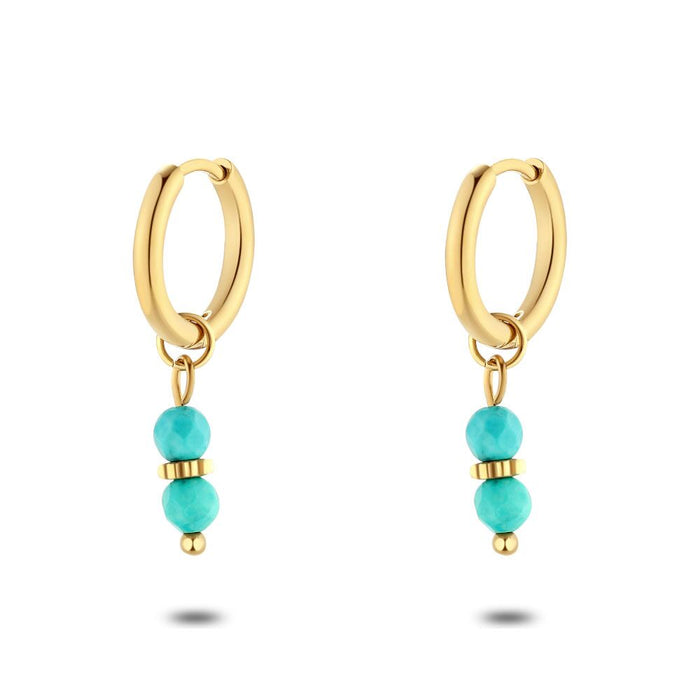 Gold Coloured Stainless Steel Earrings, 2 Turquoise Stones