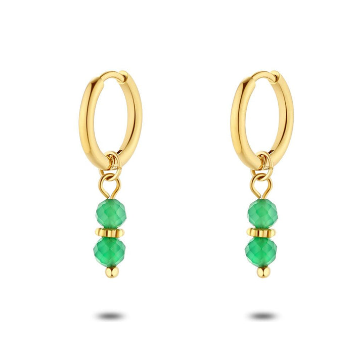 Gold Coloured Stainless Steel Earrings, 2 Green Stones